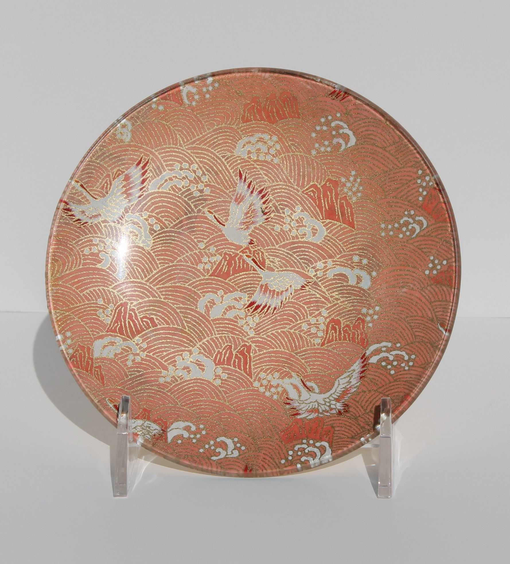 Japanese cranes decoupage glass plate pink