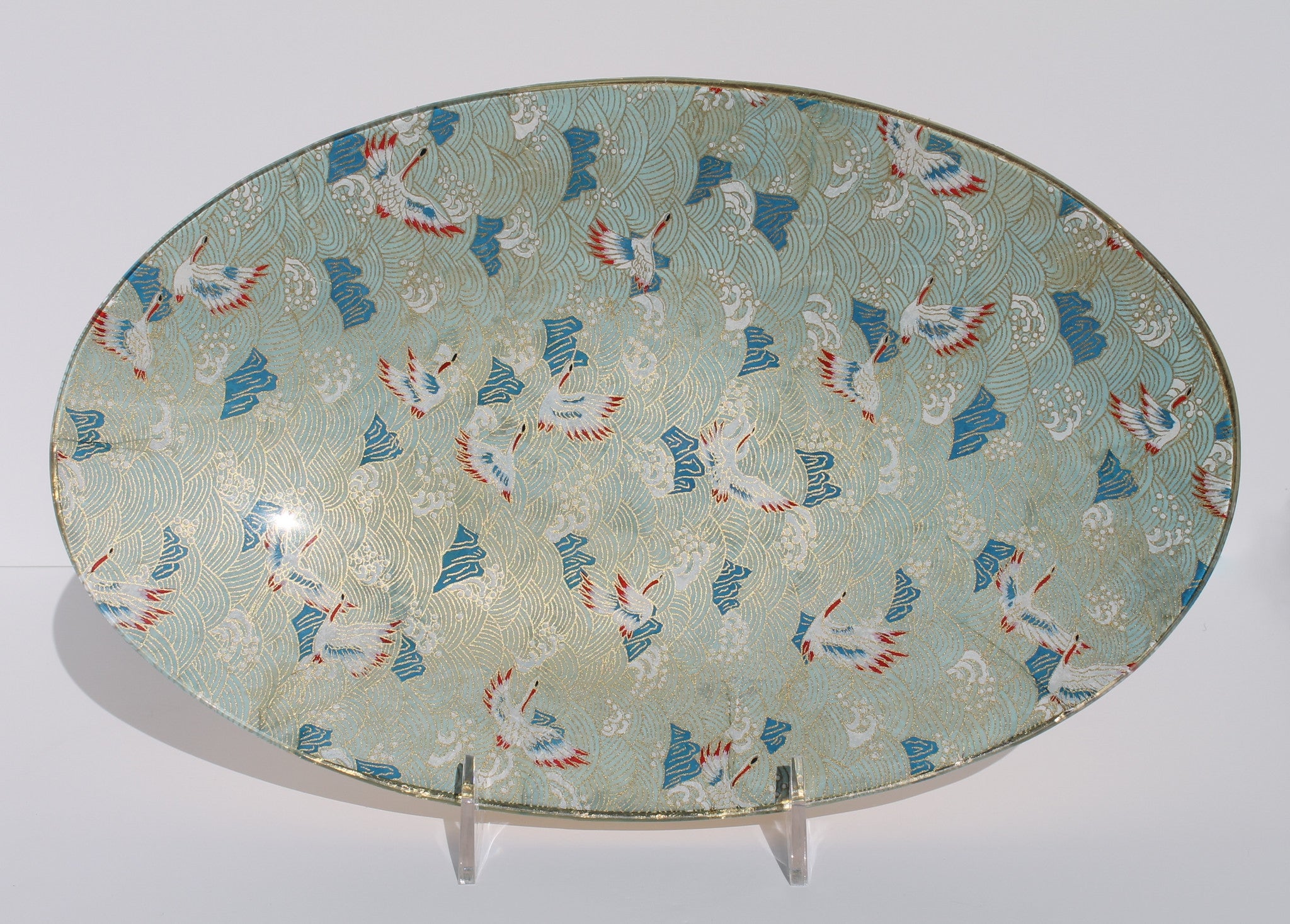 Japanese cranes decoupage glass plate aqua 